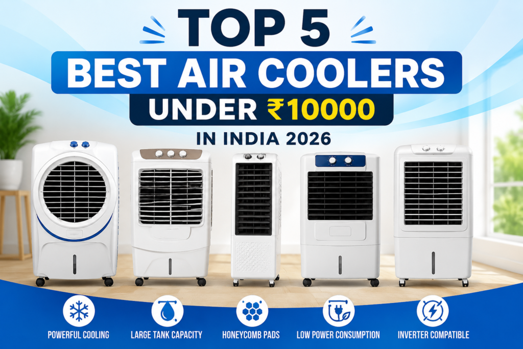 Top 5 Best Air Coolers Under ₹10000 in India 2026 with powerful cooling, honeycomb pads and inverter compatibility feature image.