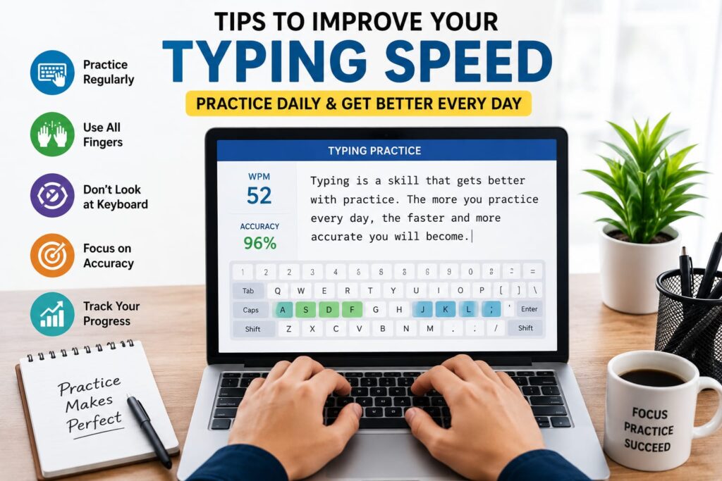 Typing speed badhane ke liye keyboard practice guide Fast typing seekhne ki complete keyboard guide Keyboard typing speed improvement tutorial Typing speed practice on computer keyboard Beginner keyboard typing practice guide Typing Speed Kaise Badhaye – Complete Keyboard Practice Guide